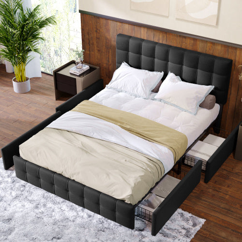 Linen Bed Frame With 4 Drawers