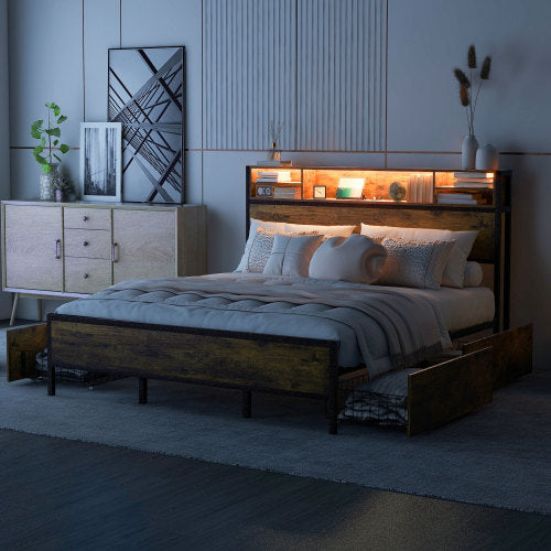 Metal Bed Frame With Slatted Frame And Storage Function
