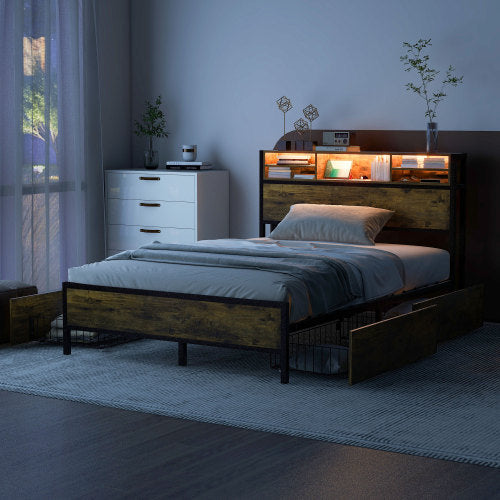 Metal Bed Frame With Slatted Frame And Storage Function