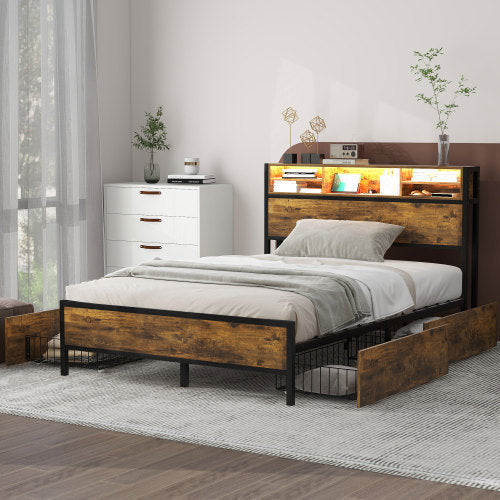 Metal Bed Frame With Slatted Frame And Storage Function