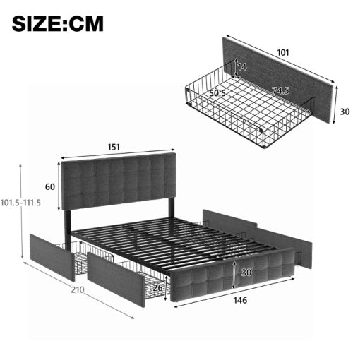 Linen Bed Frame   4 Drawers