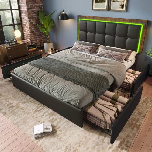 PU Belt, LED Strip And Bed Frame With 4 Drawers